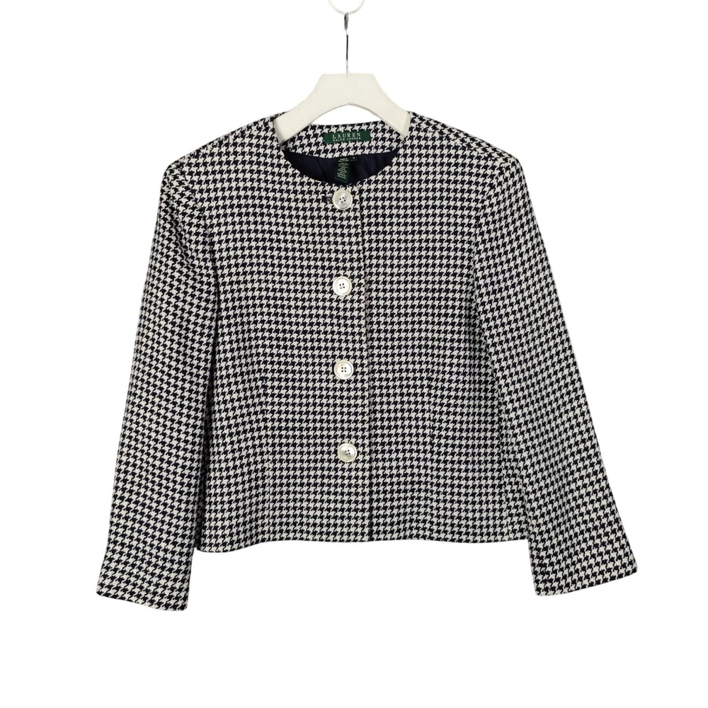 Ralph Lauren LRL Womens Preppy Academic Linen Silk Houndstooth Blazer 12 Black